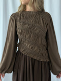 Madison Asymmetrical Ruched Long Sleeve Top- Mocha Brown