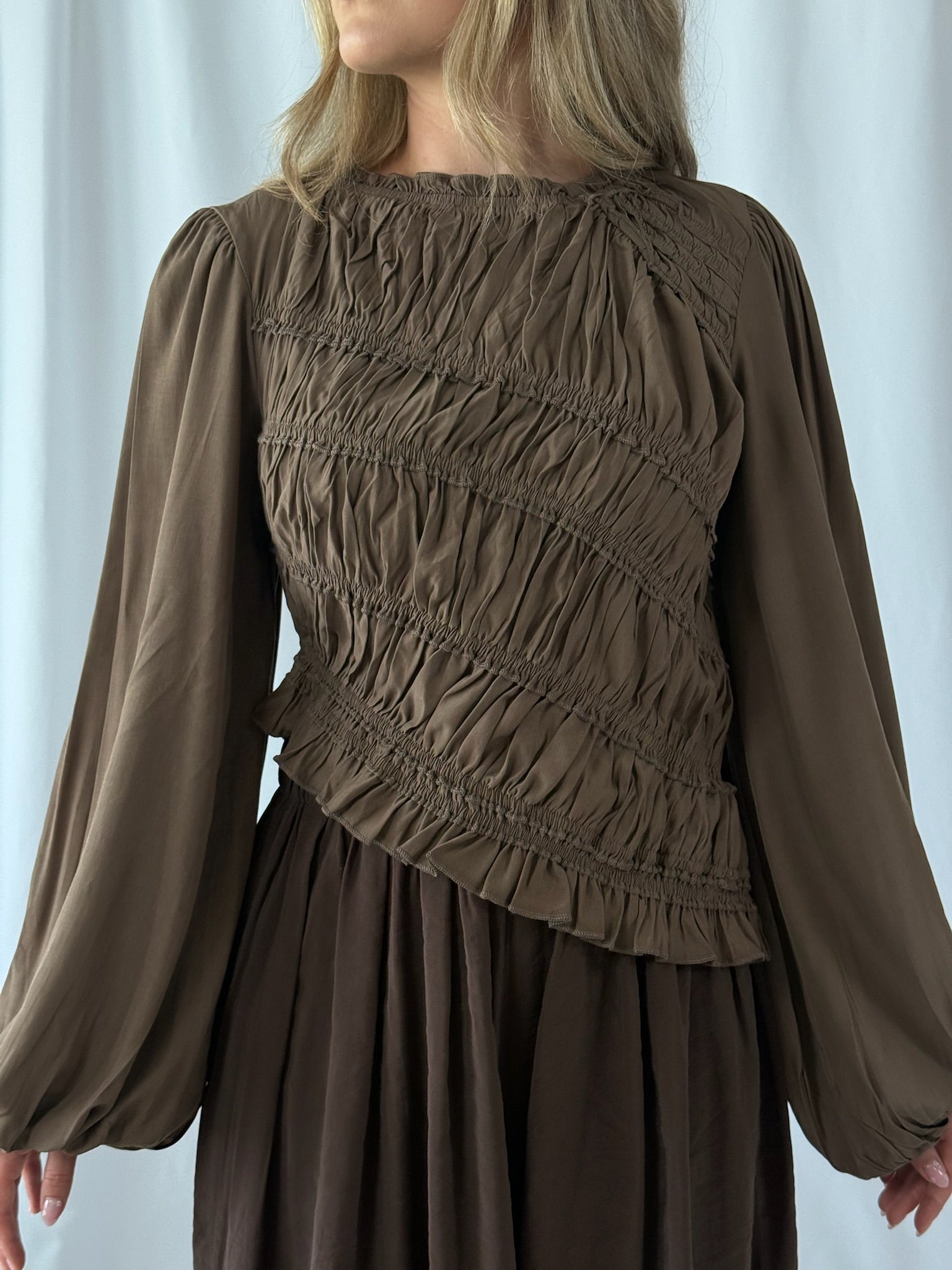 Madison Asymmetrical Ruched Long Sleeve Top- Mocha Brown