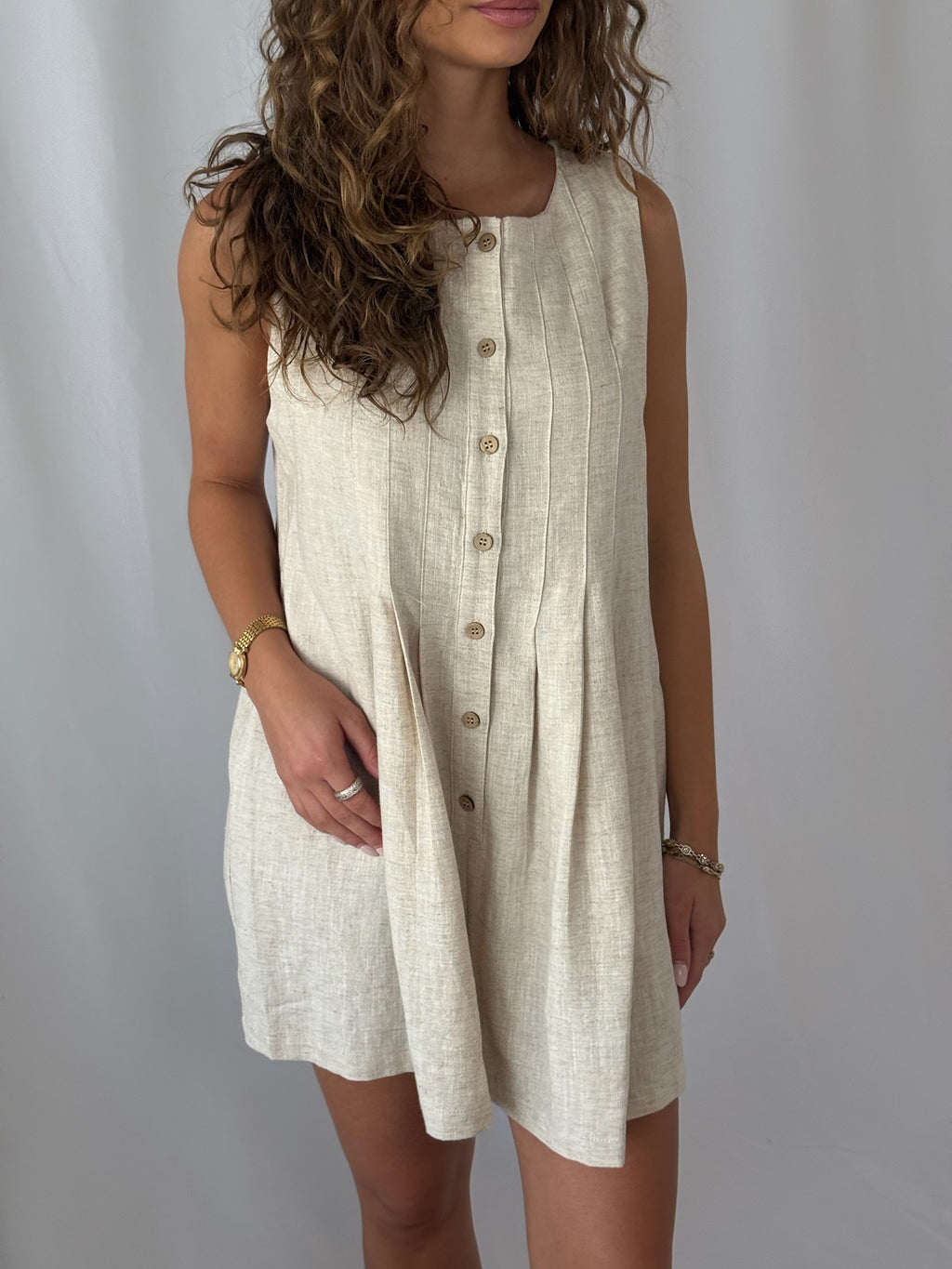 Giselle Pleated Front w/ Button Closure Romper- Oatmeal