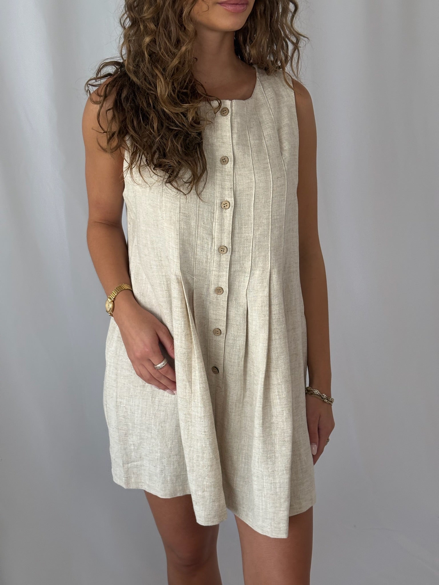 Giselle Pleated Front w/ Button Closure Romper- Oatmeal