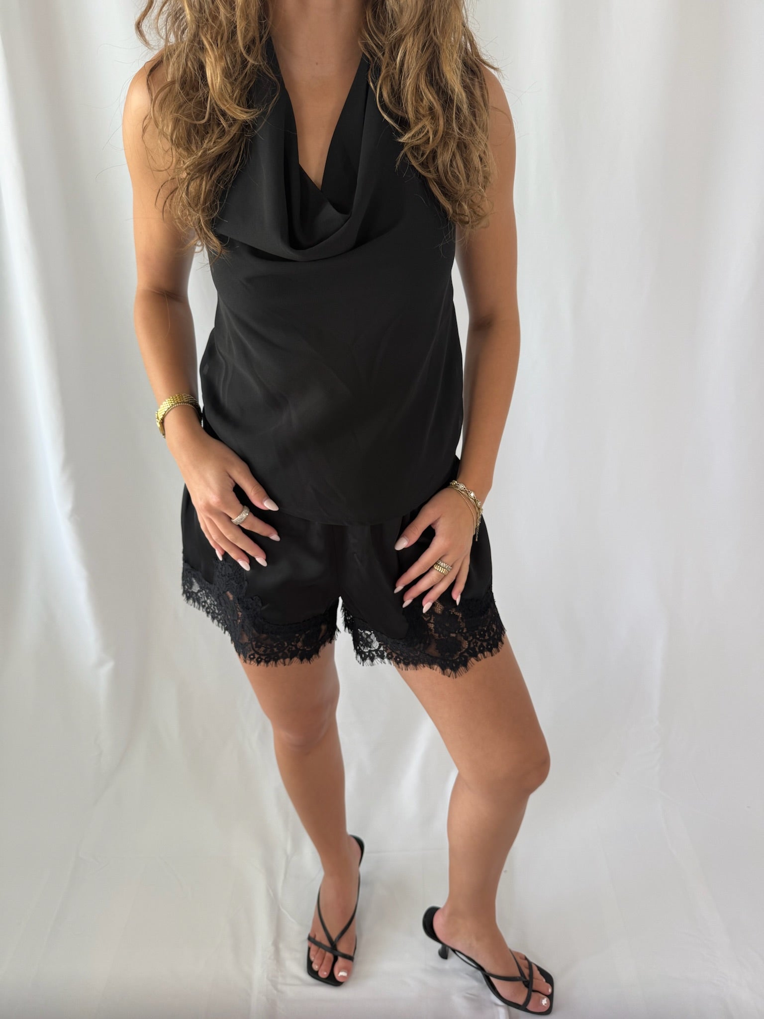 Julia Cowl Neck Top w/ Attached Scarf- Black