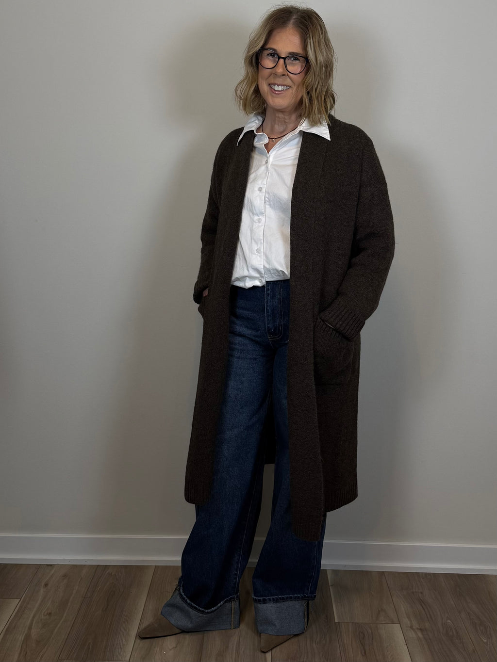 Rylee Open Front Collar Longline Cardigan- Brown