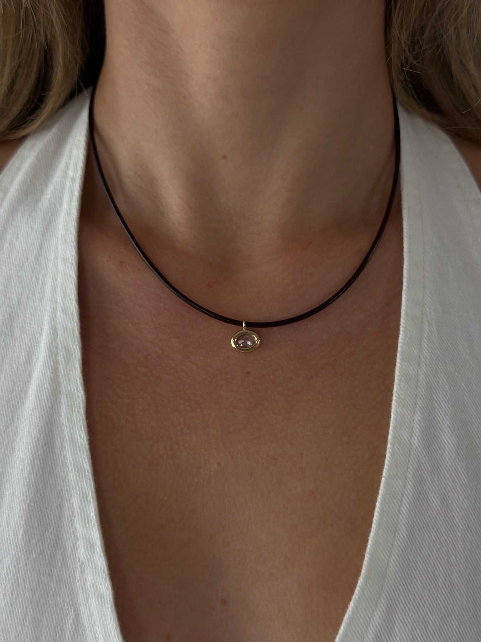 Gold Dipped Oval Bezel Cz Cord Pendant Necklace- Brown