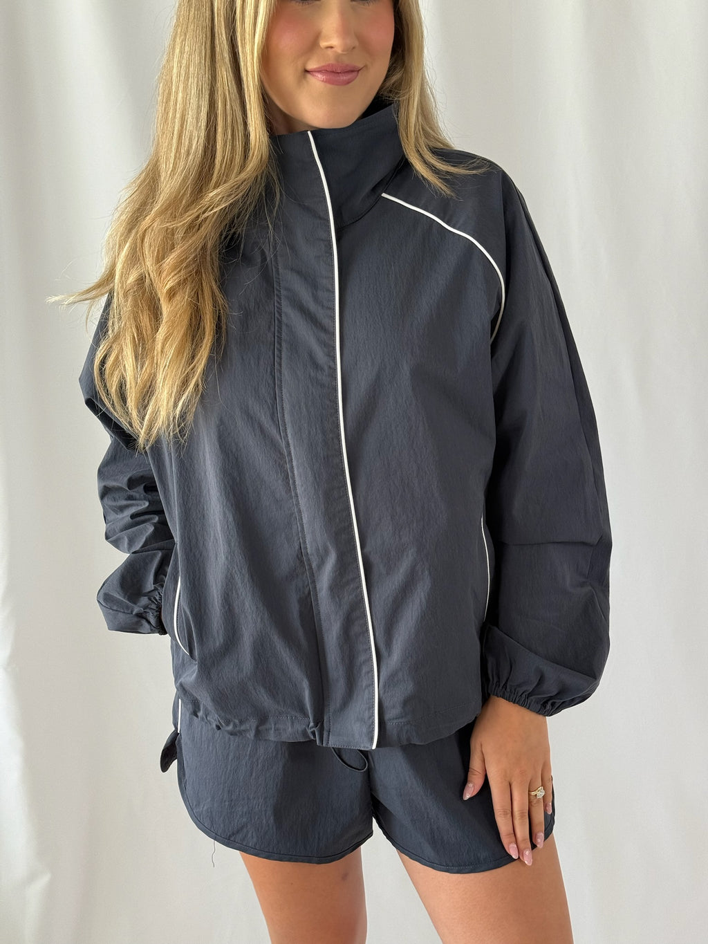 Chloe Contrast Piping Windbreaker Short Set- Navy