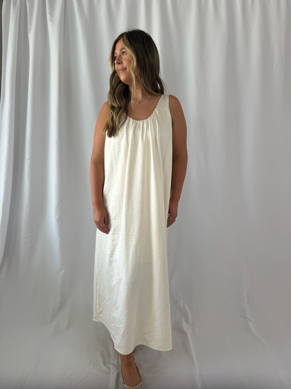 Serenity Satin Babydoll Midi Dress- Cream