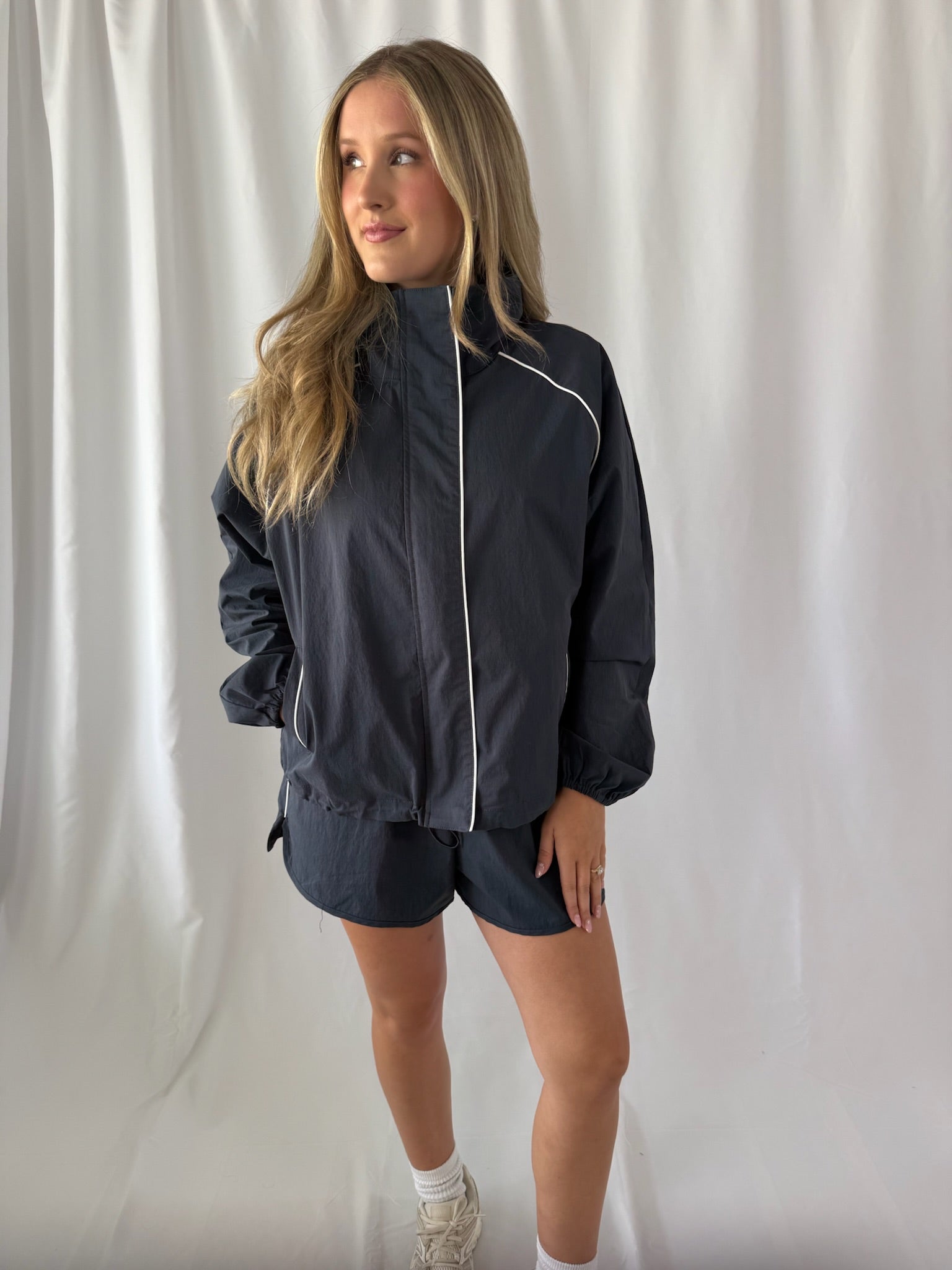 Chloe Contrast Piping Windbreaker Short Set- Navy