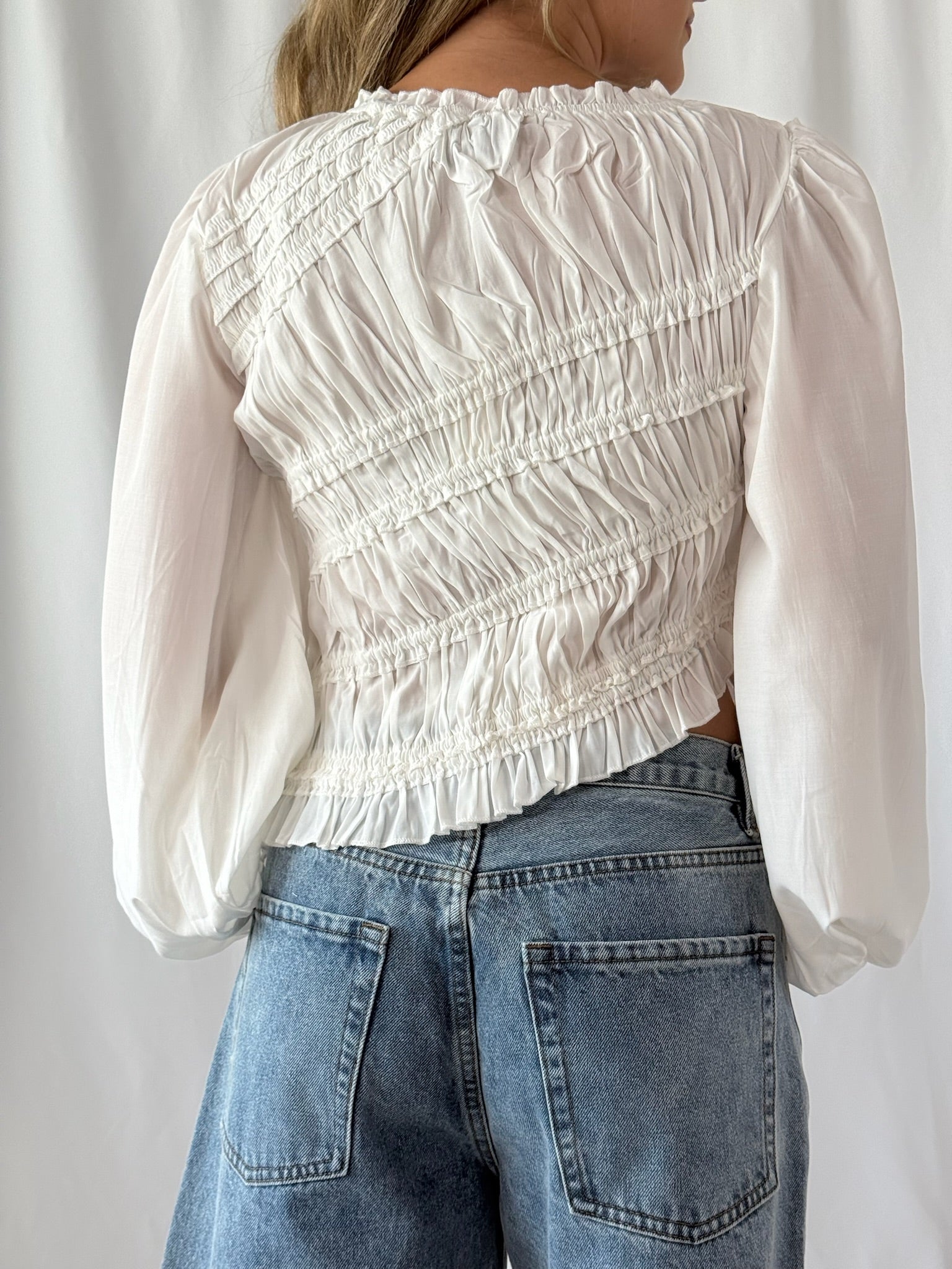 Madison Asymmetrical Ruched Long Sleeve Top- Off White