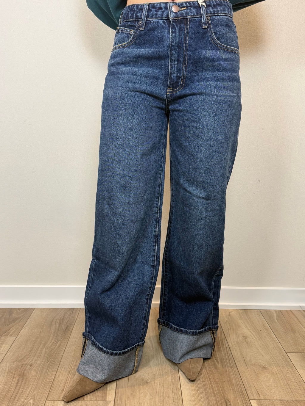Parker Baggy Cuffed High Rise Wide Leg Jean- Dark Worn