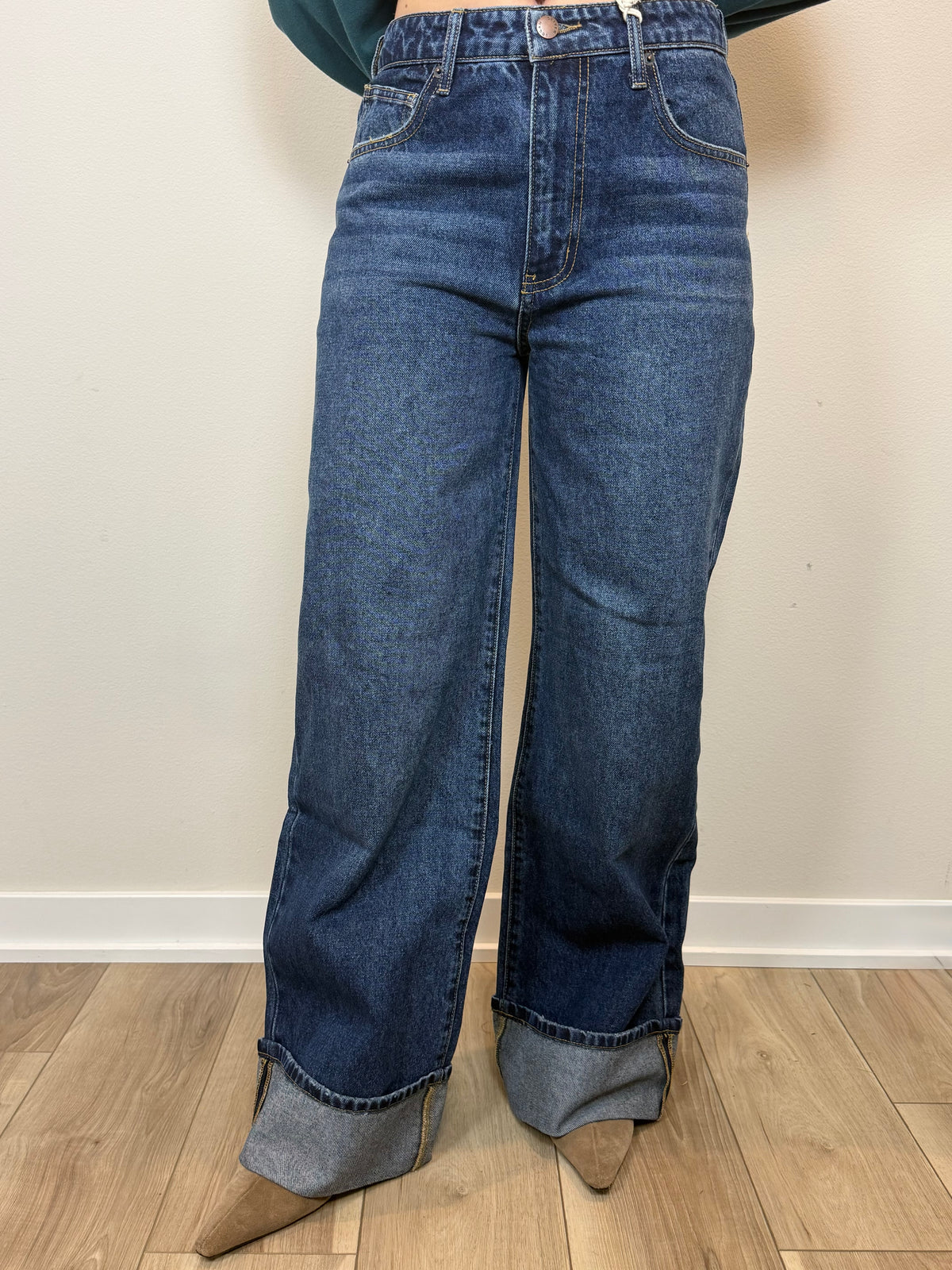 Parker Baggy Cuffed High Rise Wide Leg Jean- Dark Worn