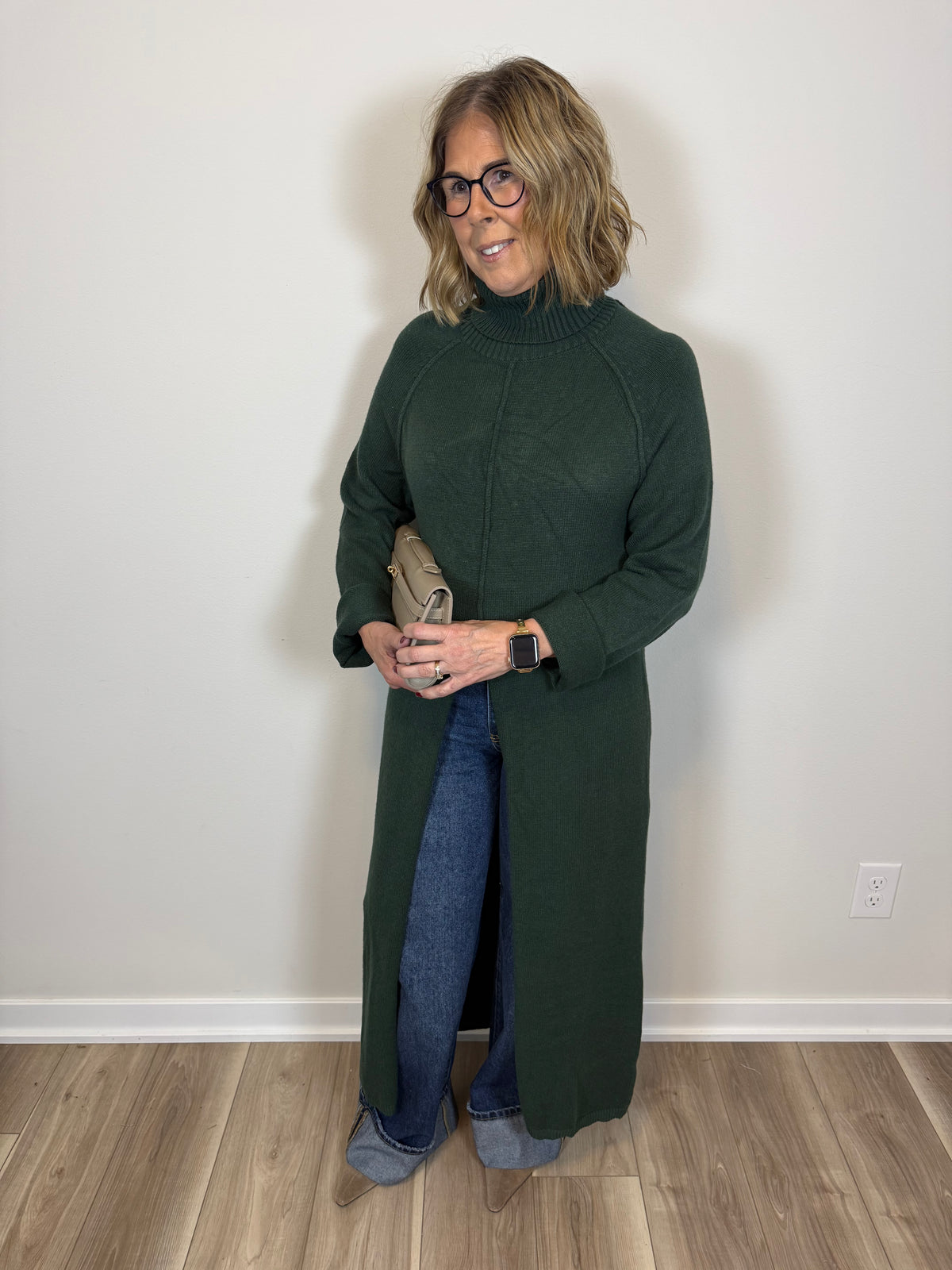 Jenna Ribbed Turtleneck Tunic Sweater Dress- Pine