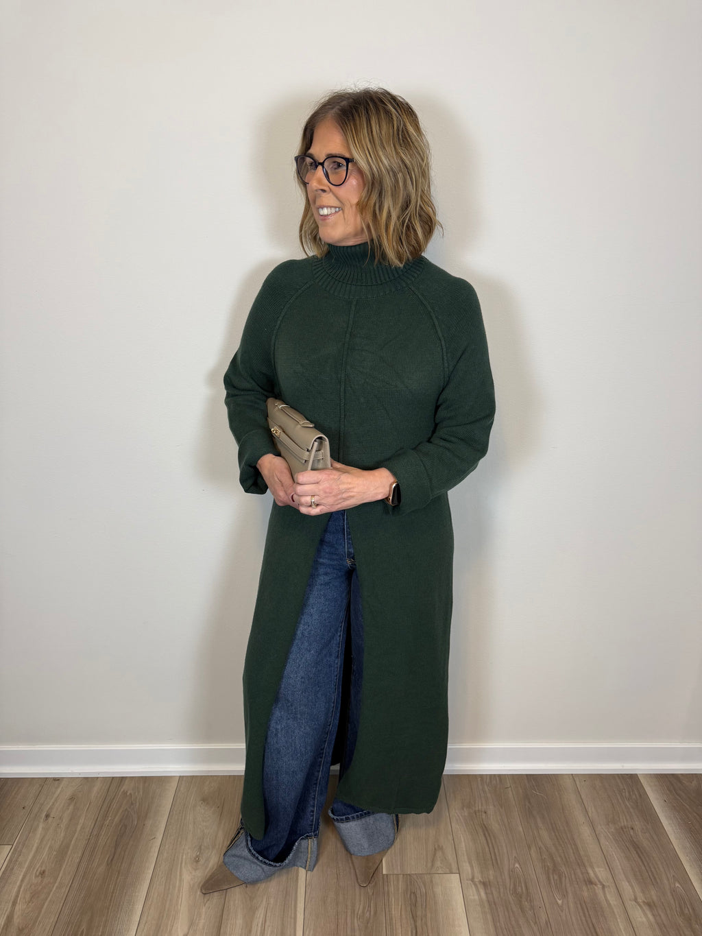 Jenna Ribbed Turtleneck Tunic Sweater Dress- Pine