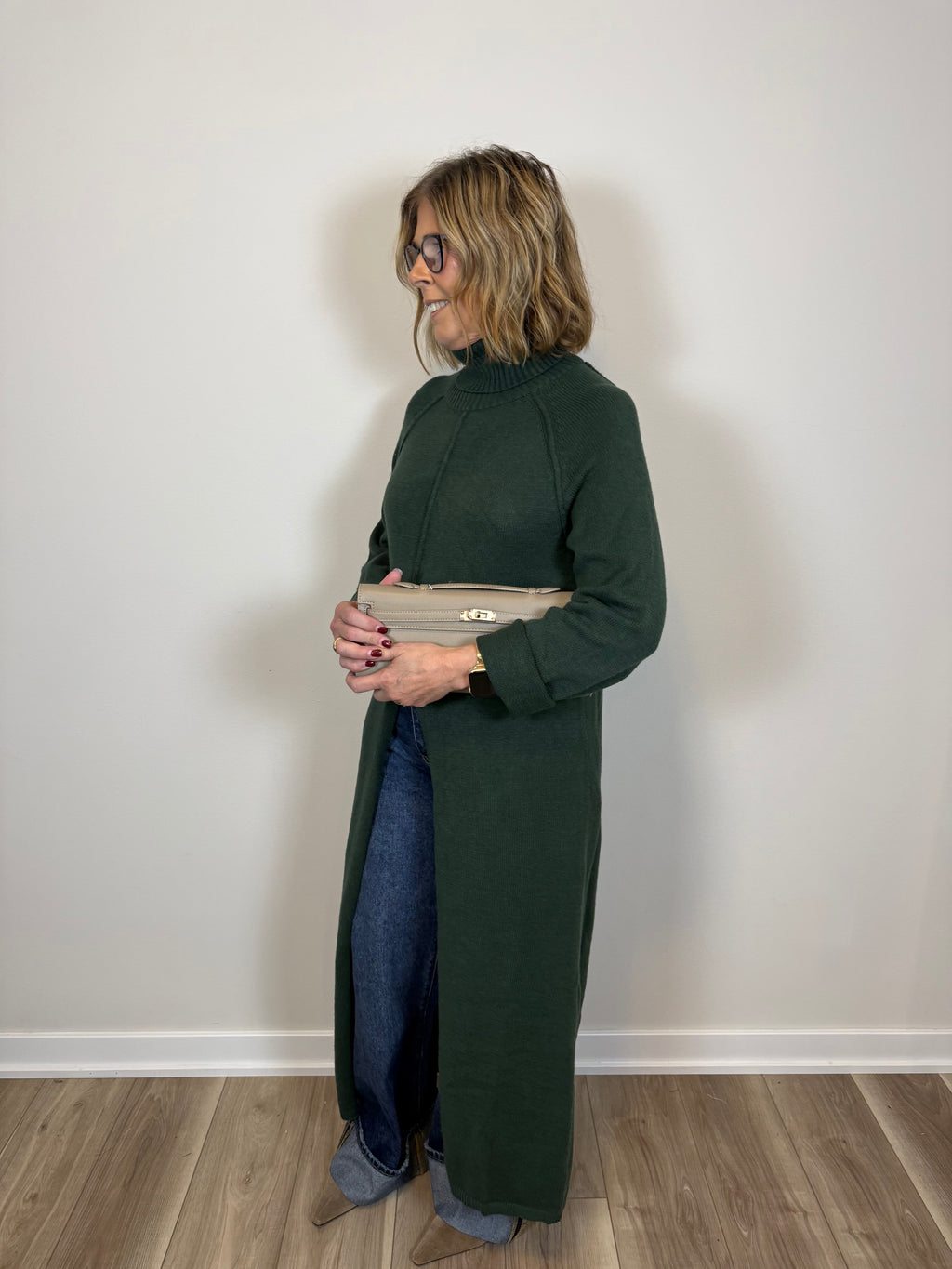 Jenna Ribbed Turtleneck Tunic Sweater Dress- Pine