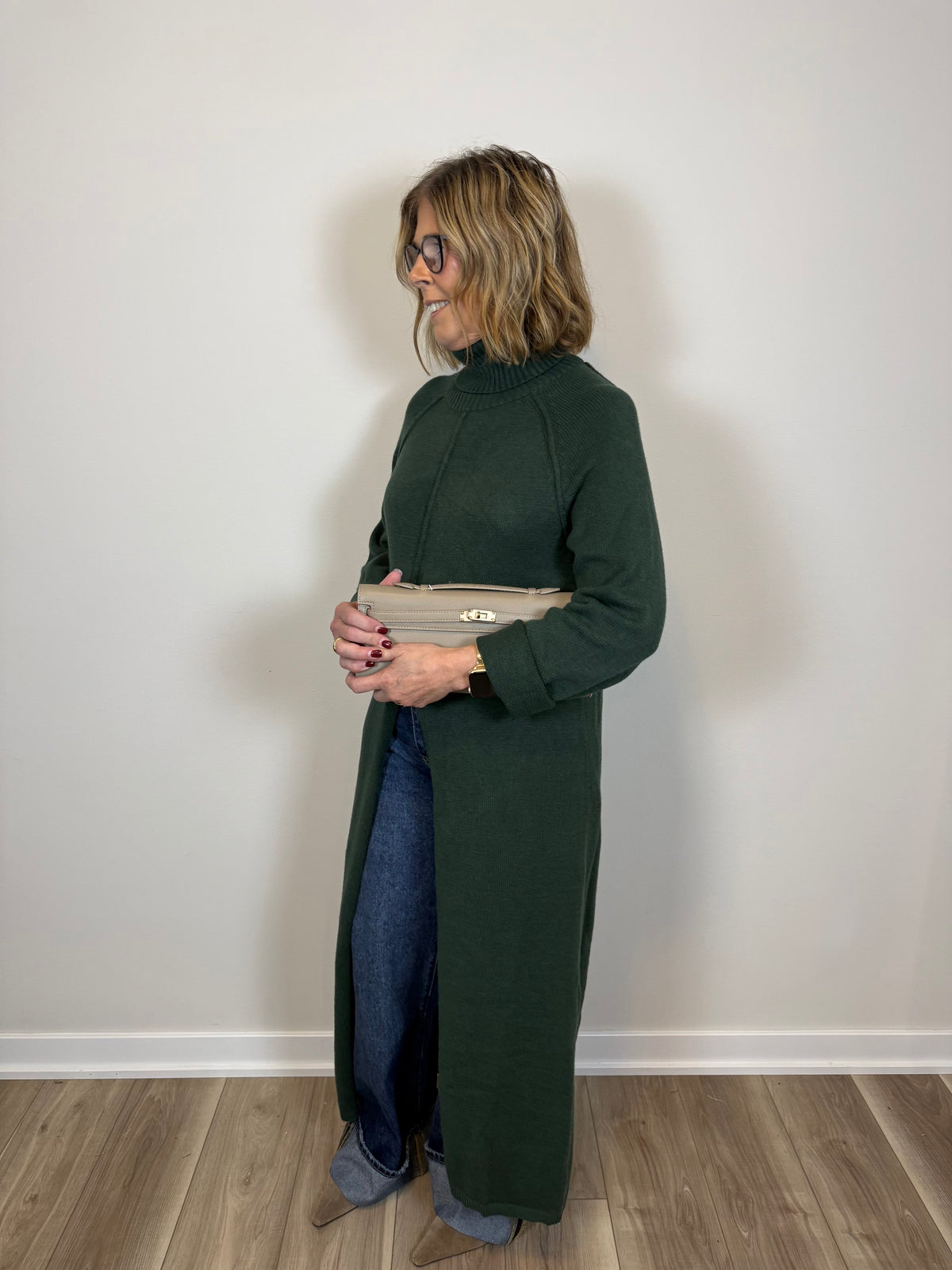 Jenna Ribbed Turtleneck Tunic Sweater Dress- Pine