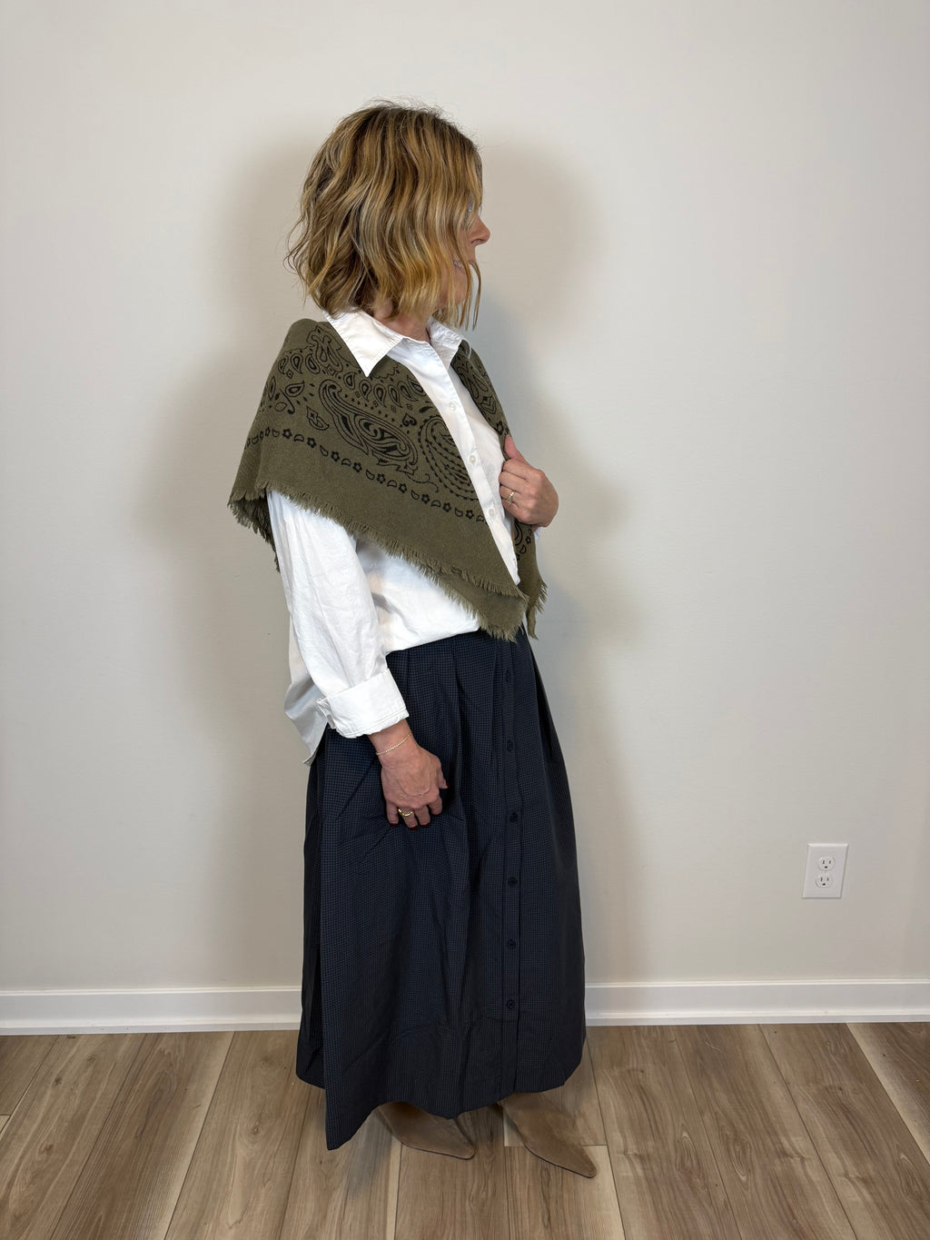Hailey Mini Check Button Front Midi Skirt- Navy