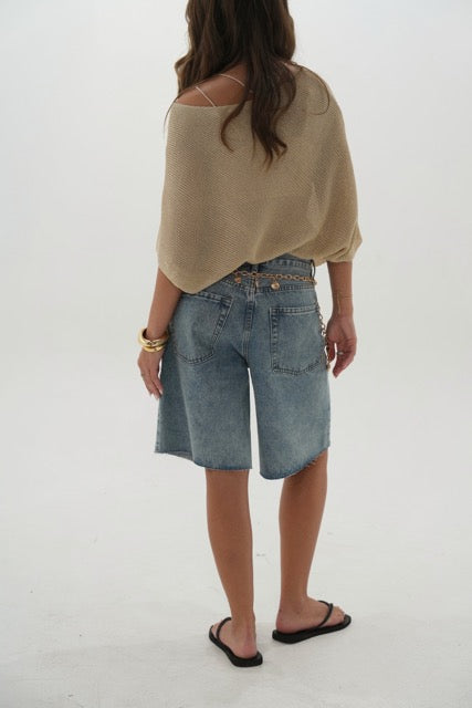 Jada Wide Leg Retro Bermuda Denim Shorts- Denim