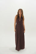 Emily Polka Dot Halter Maxi Dress Deep V Vacation Dress- Brown