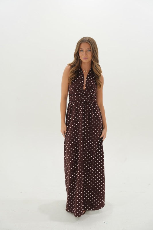 Emily Polka Dot Halter Maxi Dress Deep V Vacation Dress- Brown