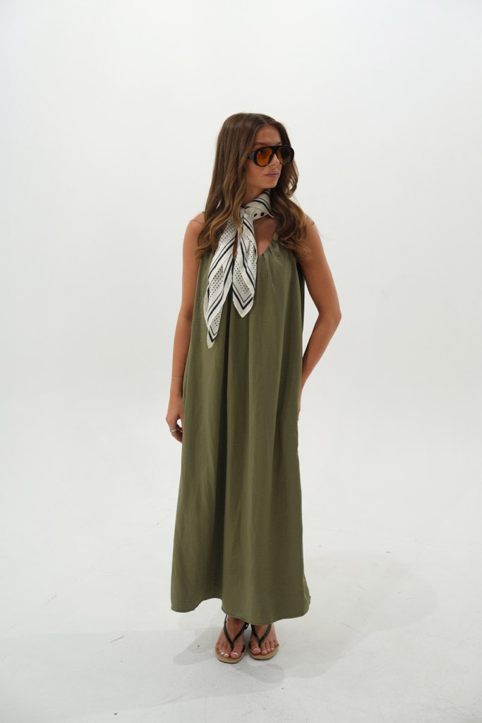 Serenity Satin Babydoll Midi Dress- Olive
