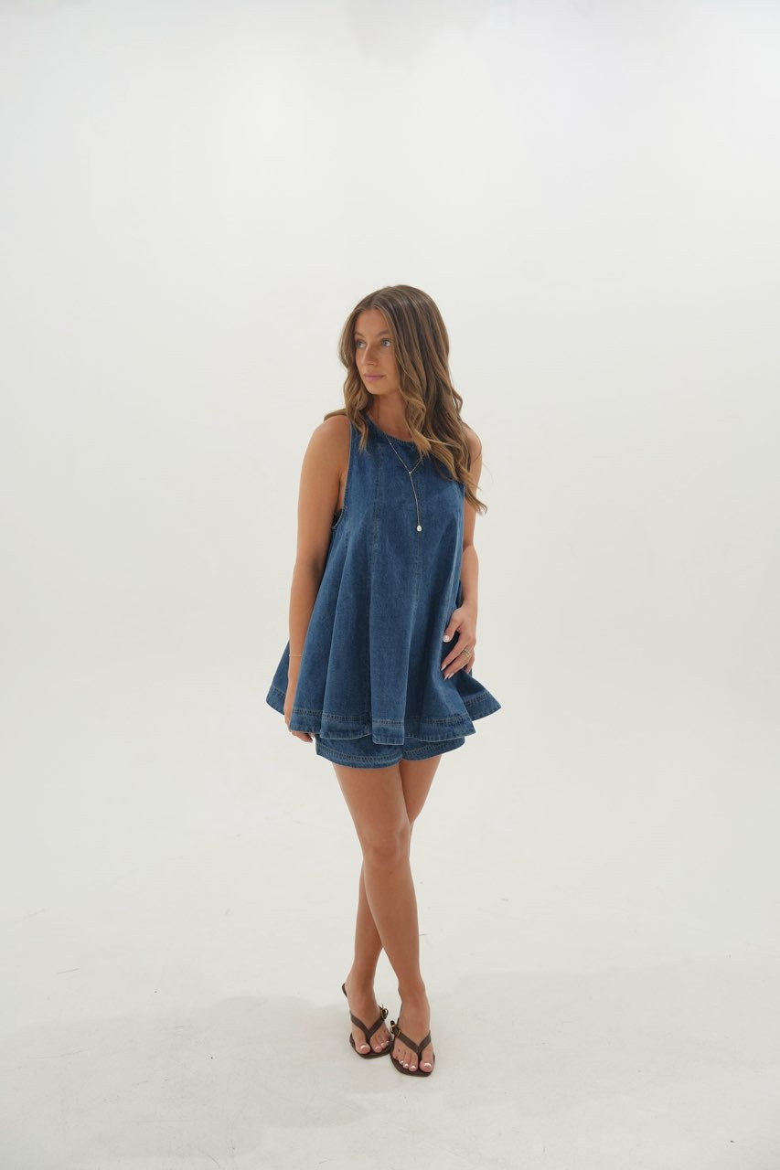 Macy Flared Short Set- Dark Denim