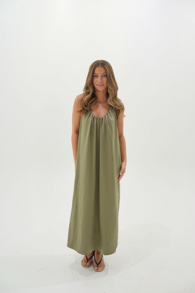 Serenity Satin Babydoll Midi Dress- Olive