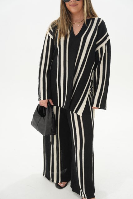 Amanda Striped Long Sleeve Tunic Top & Pants Set- Black/Stone