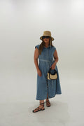 Jenny Cap Sleeve Belted Button Down Midi Dress- Denim