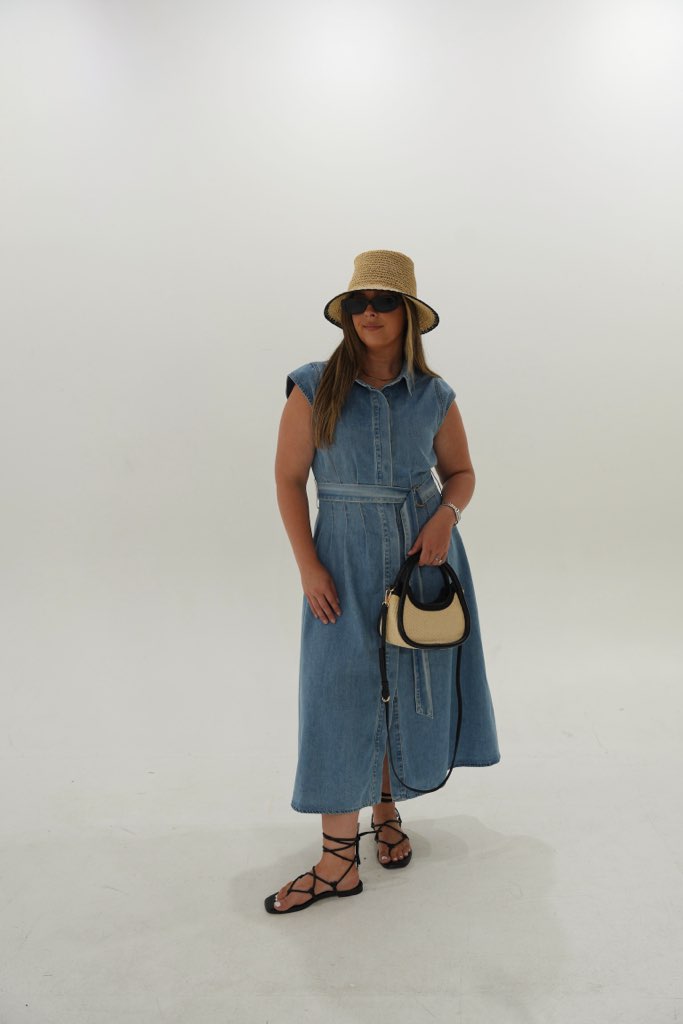 Jenny Cap Sleeve Belted Button Down Midi Dress- Denim