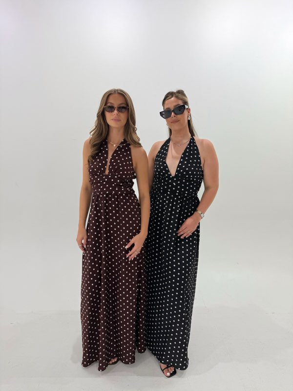 Emily Polka Dot Halter Maxi Dress Deep V Vacation Dress- Brown