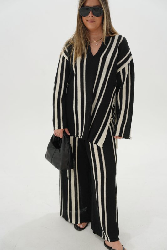 Amanda Striped Long Sleeve Tunic Top & Pants Set- Black/Stone