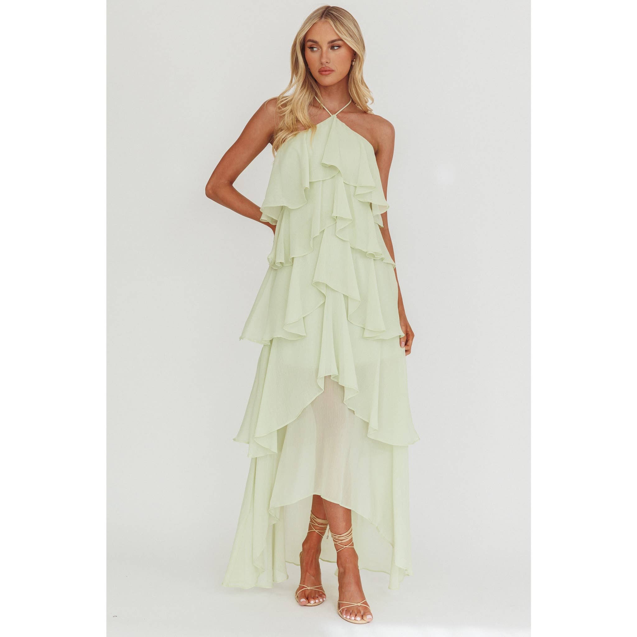 Kaylee Halter Neck Ruffled Maxi Dress- Sage