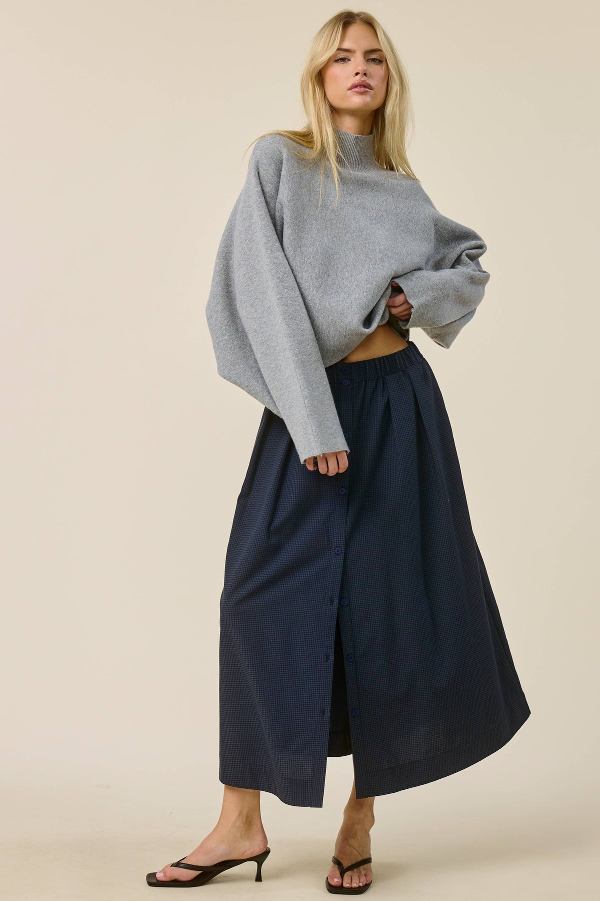 Hailey Mini Check Button Front Midi Skirt- Navy