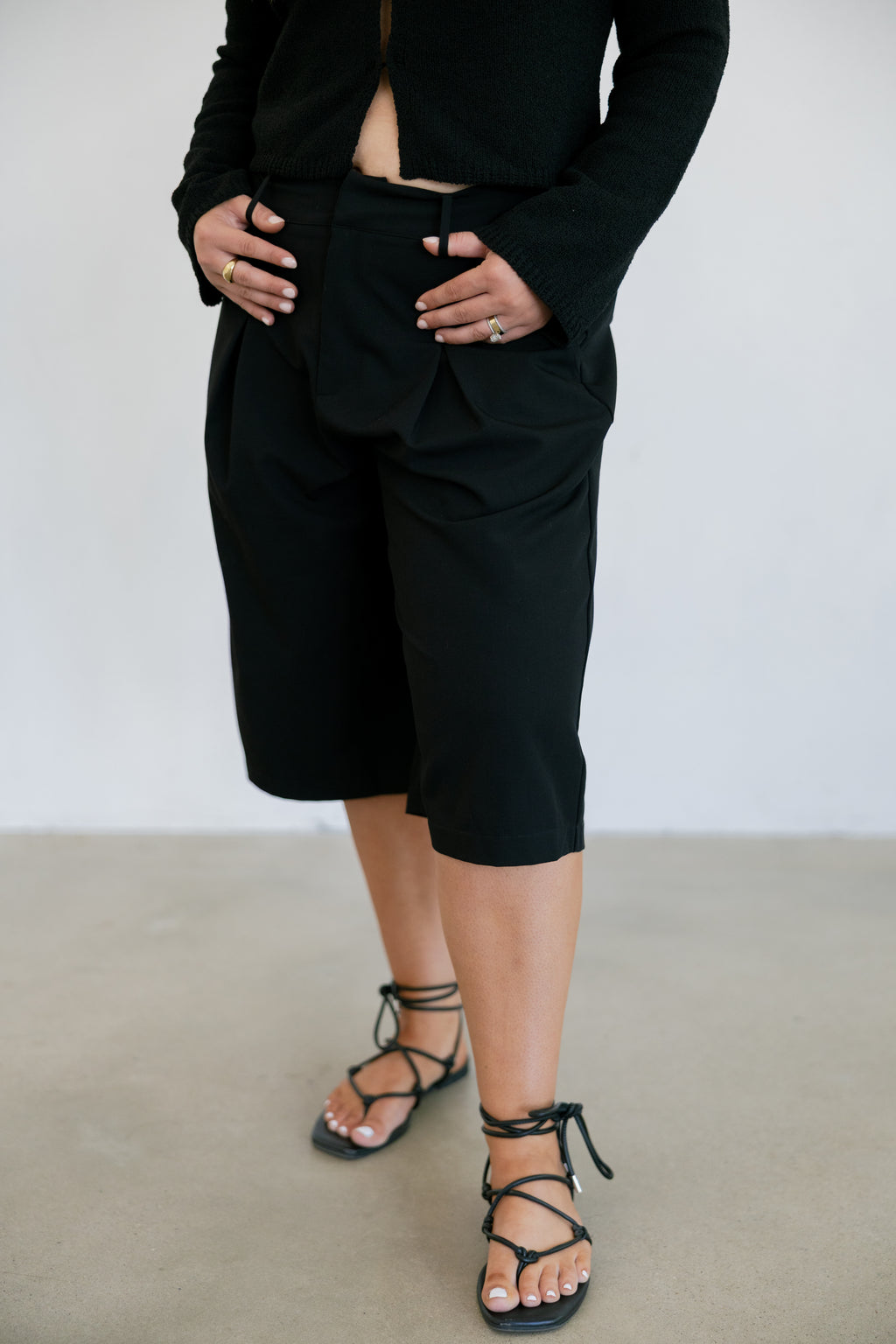 Ada Woven Bermuda Shorts w/ Pintuck Detail- Black