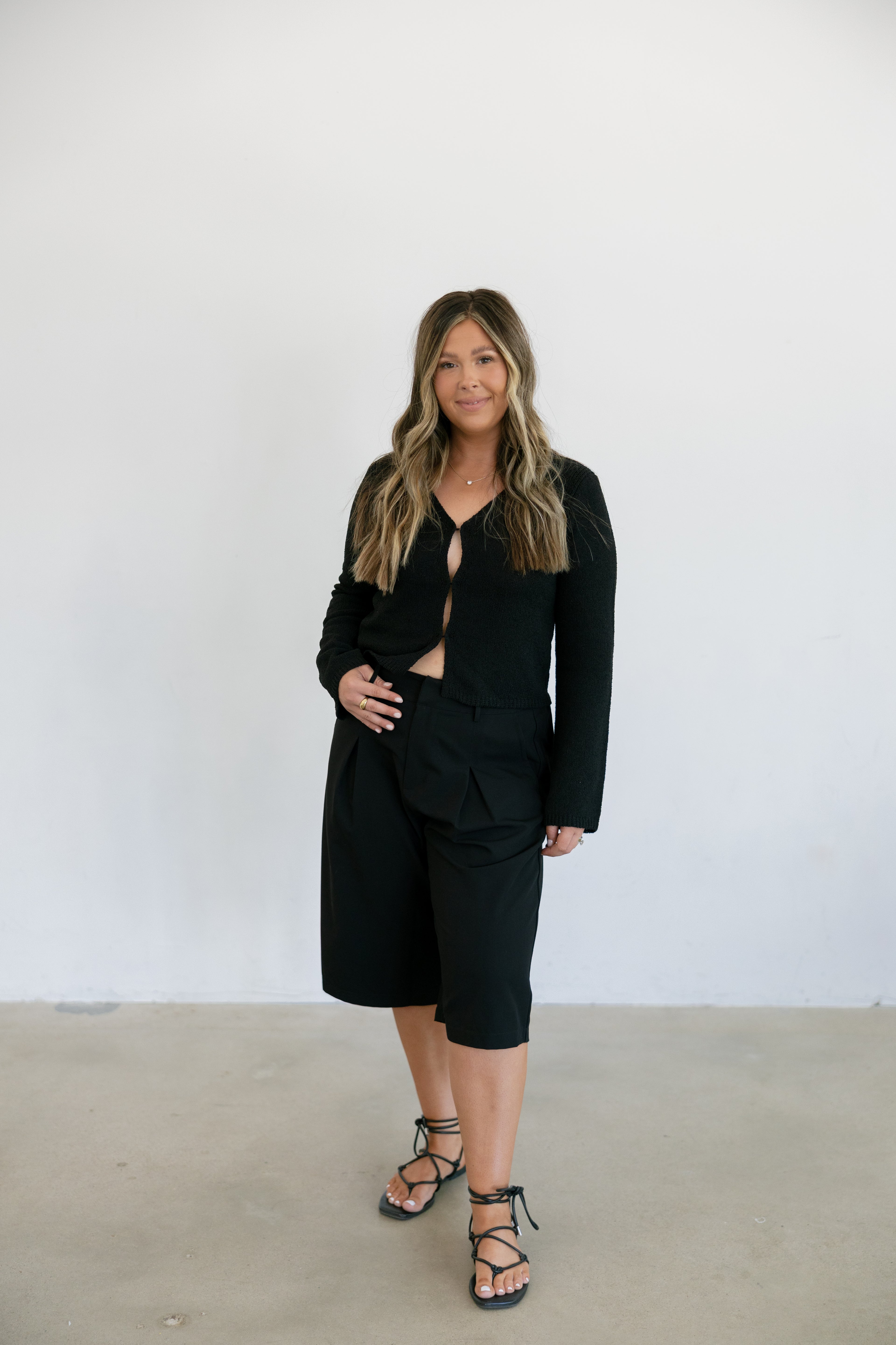 Ada Woven Bermuda Shorts w/ Pintuck Detail- Black