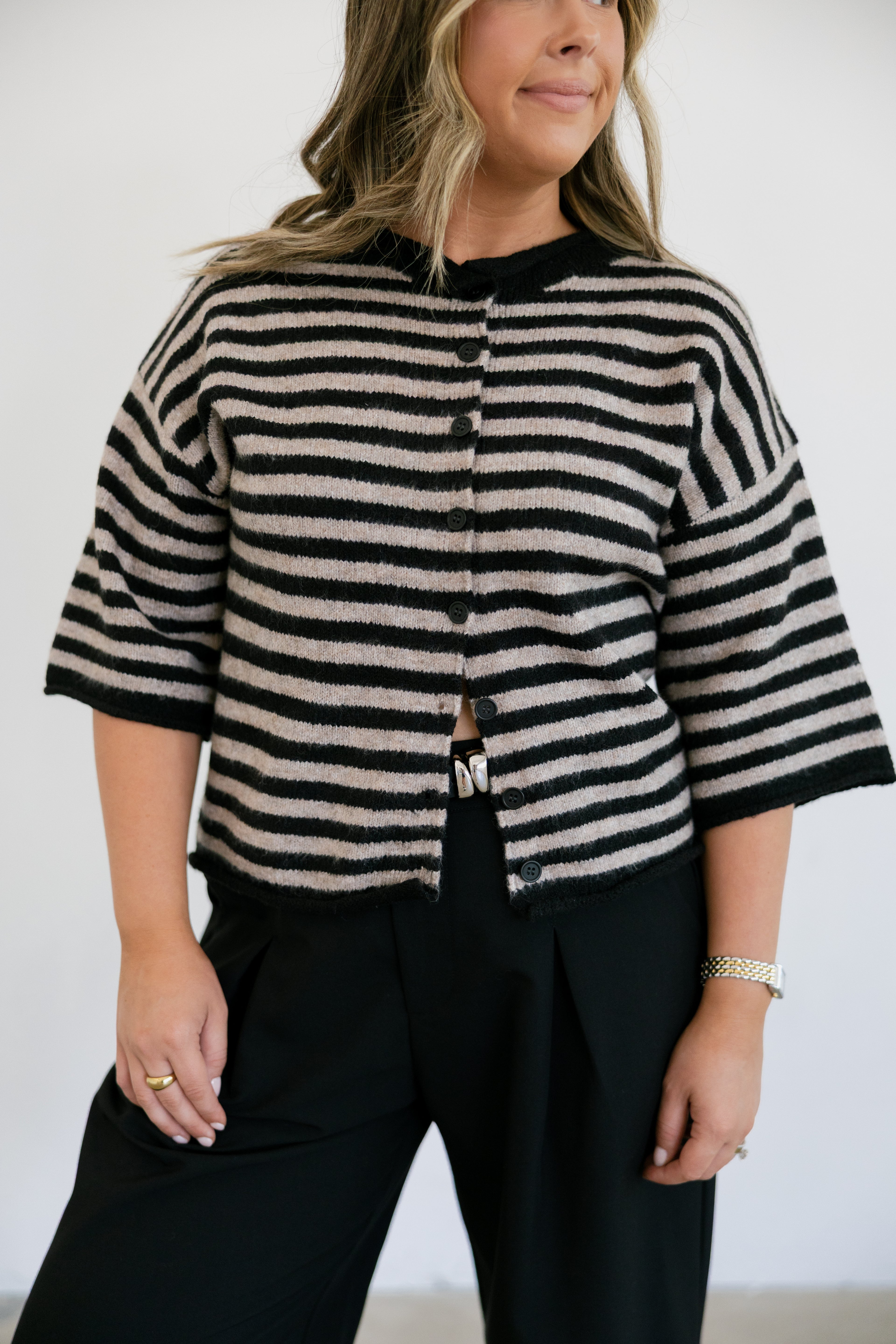 Belle Knit Sweater Striped Quarter Sleeve Cardigan- Black/ Taupe