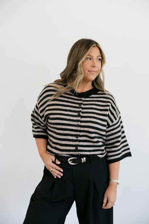 Belle Knit Sweater Striped Quarter Sleeve Cardigan- Black/ Taupe