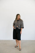 Belle Knit Sweater Striped Quarter Sleeve Cardigan- Black/ Taupe