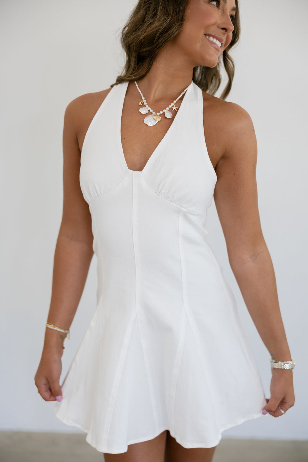 Maren Halter Neck Denim Dress- White