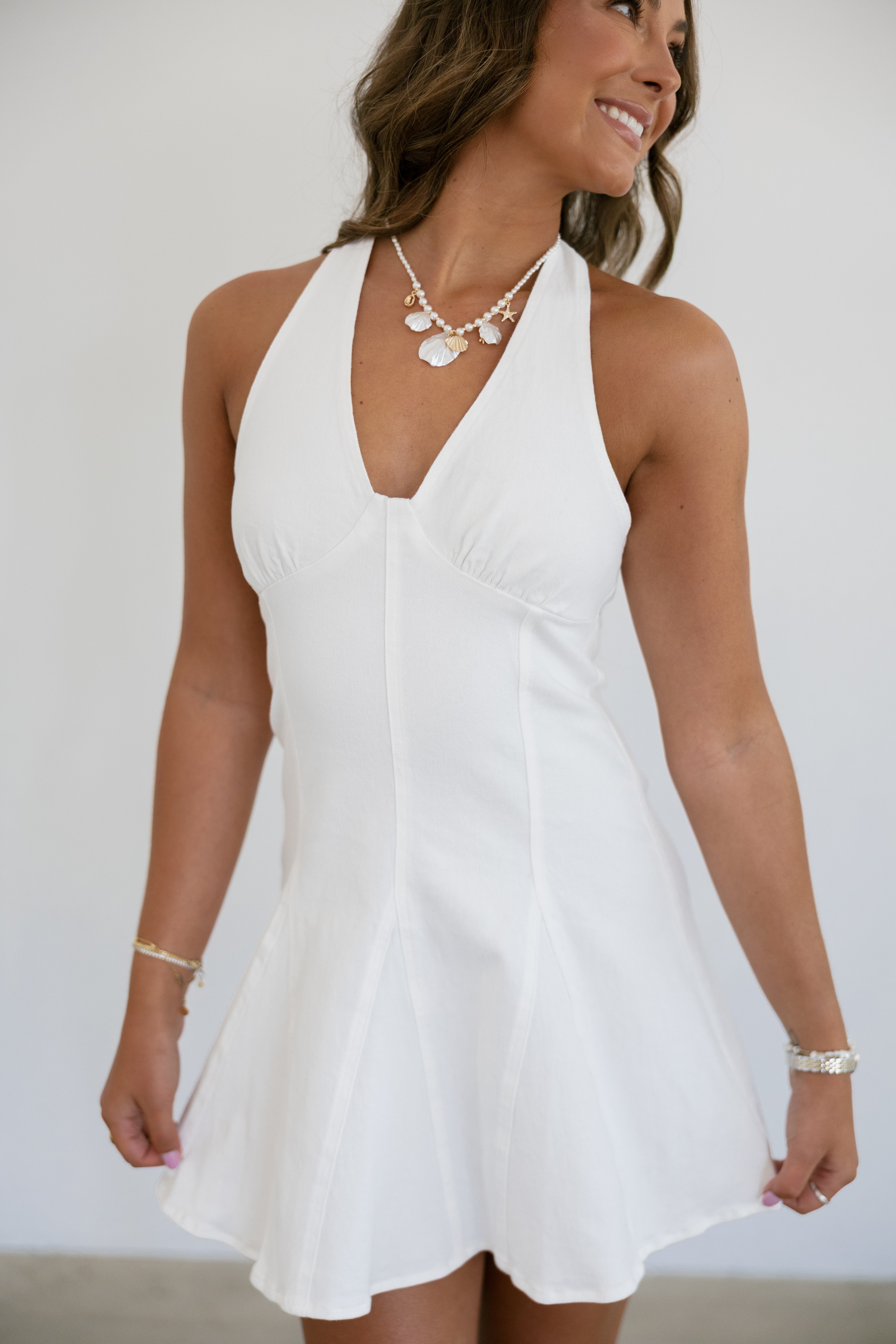 Maren Halter Neck Denim Dress- White