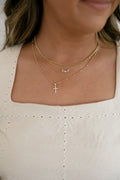 Triple Layered Chain Pave Cross Pendant Necklace- Gold