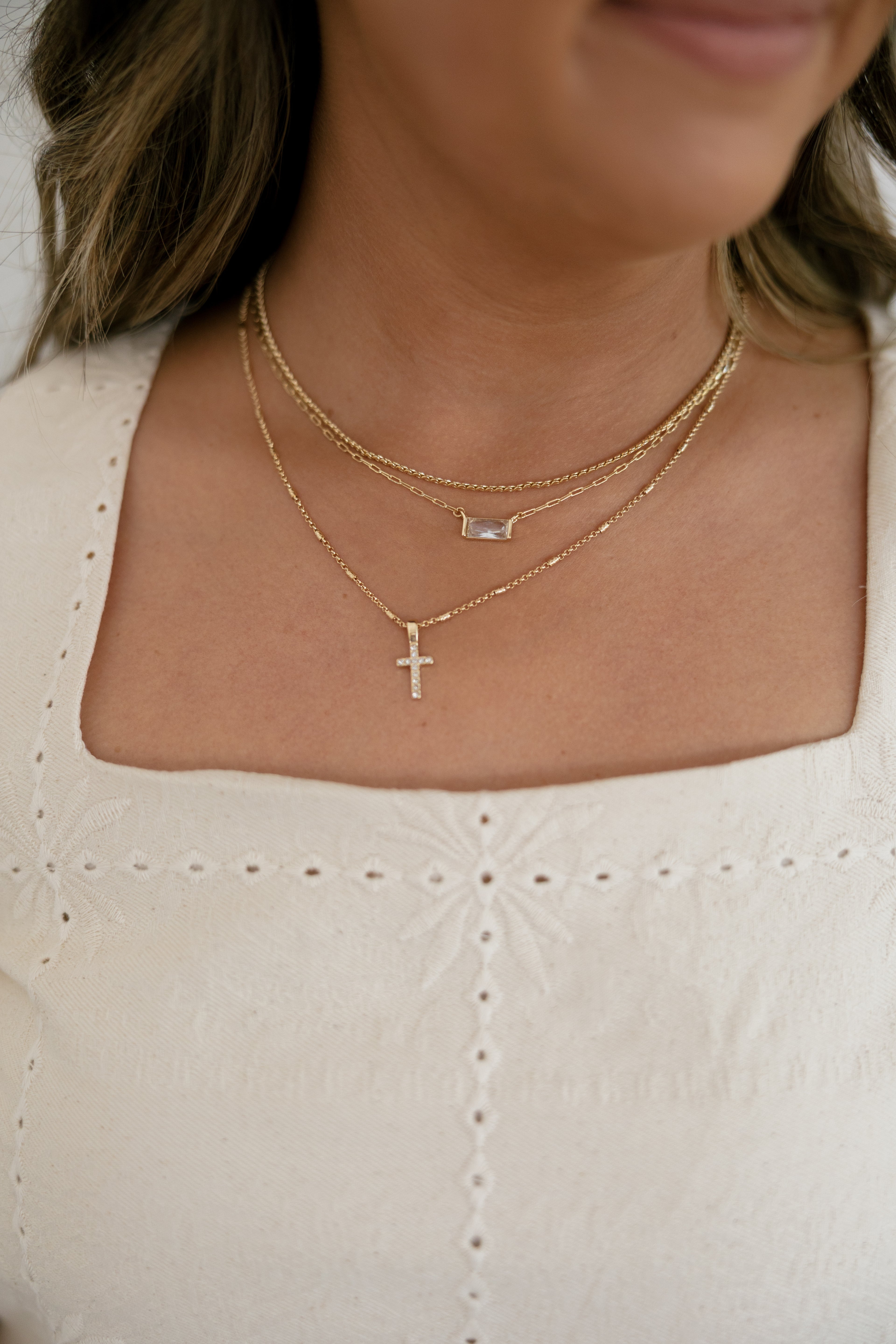 Triple Layered Chain Pave Cross Pendant Necklace- Gold