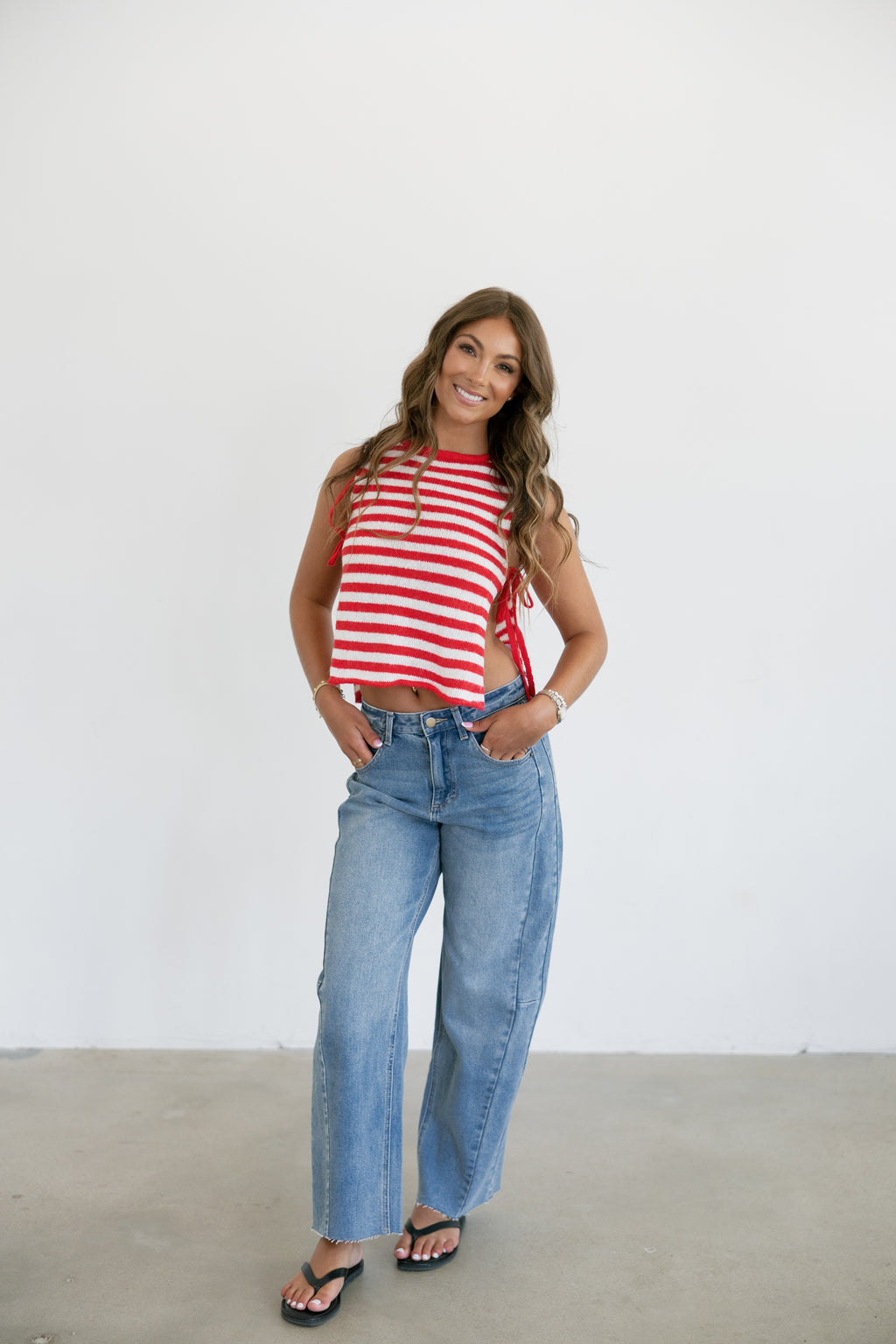 Ivy Sleeveless Boat Neck Side Tie Stripe Sweater Top- Red/White
