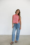 Ivy Sleeveless Boat Neck Side Tie Stripe Sweater Top- Red/White