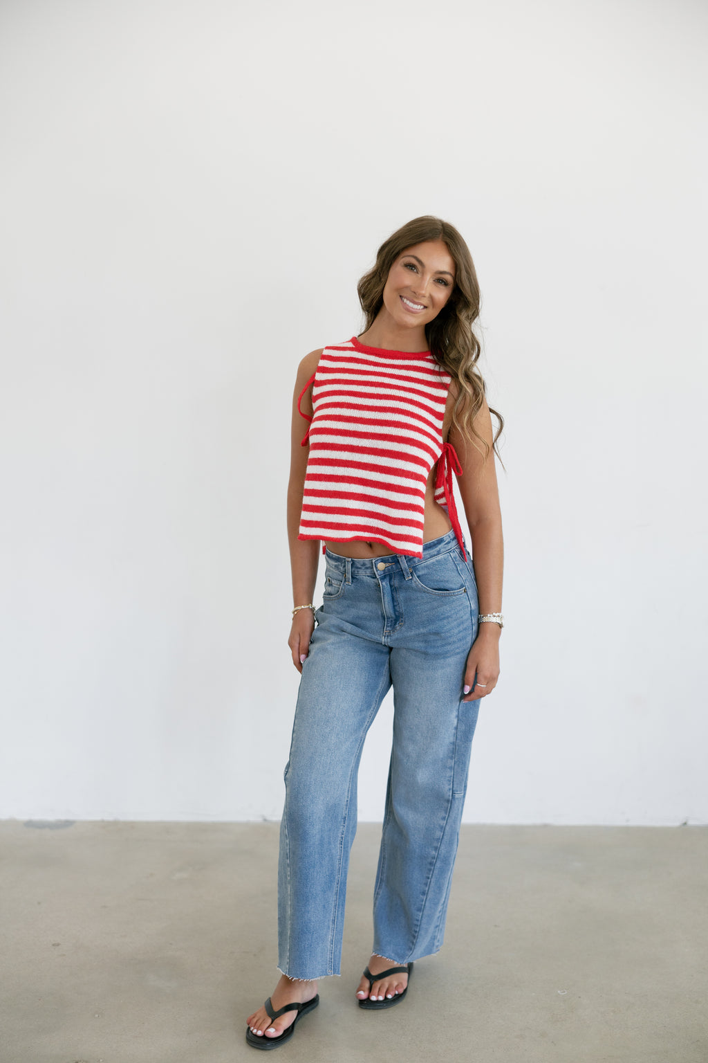 Ivy Sleeveless Boat Neck Side Tie Stripe Sweater Top- Red/White
