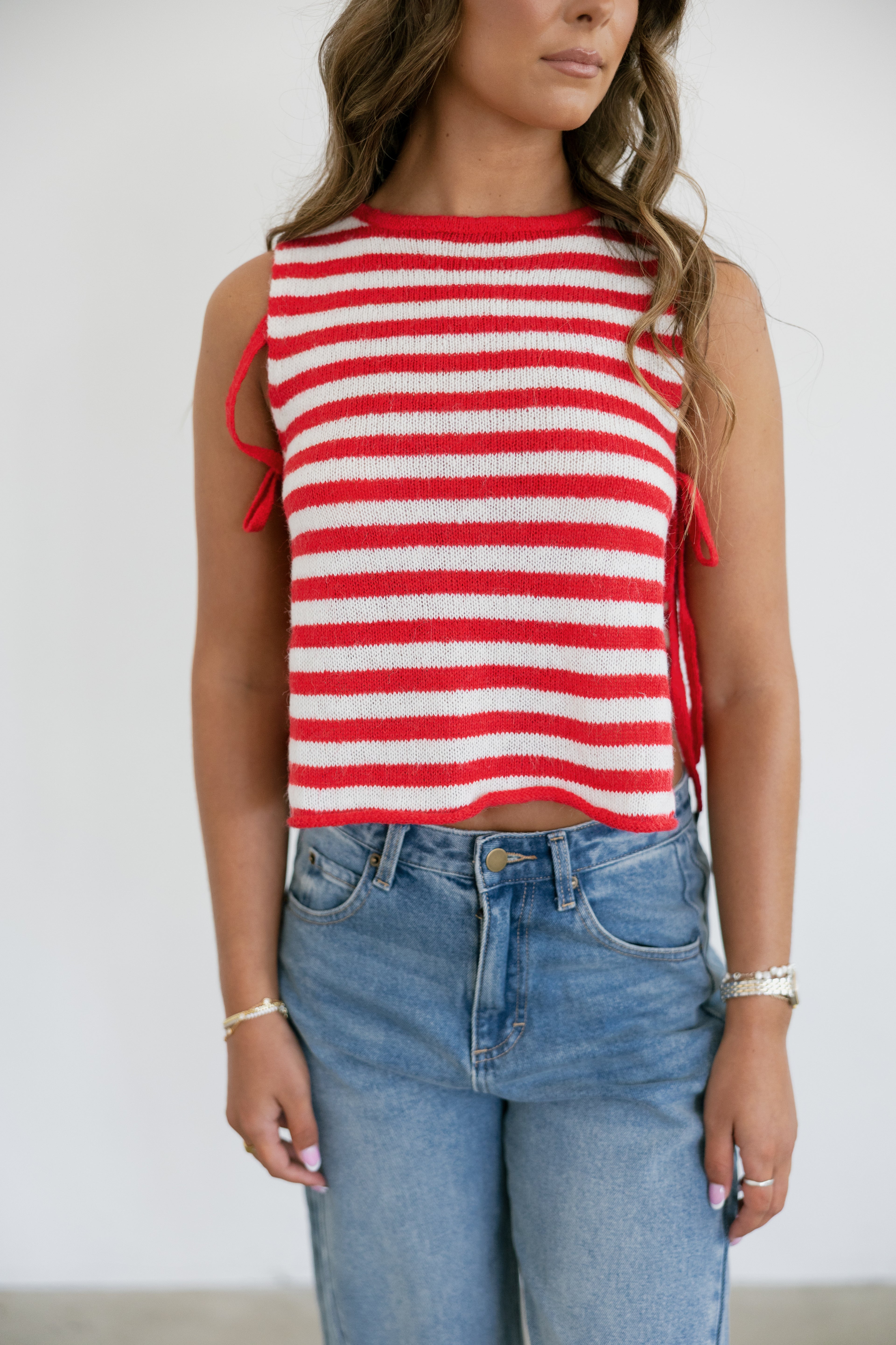 Ivy Sleeveless Boat Neck Side Tie Stripe Sweater Top- Red/White