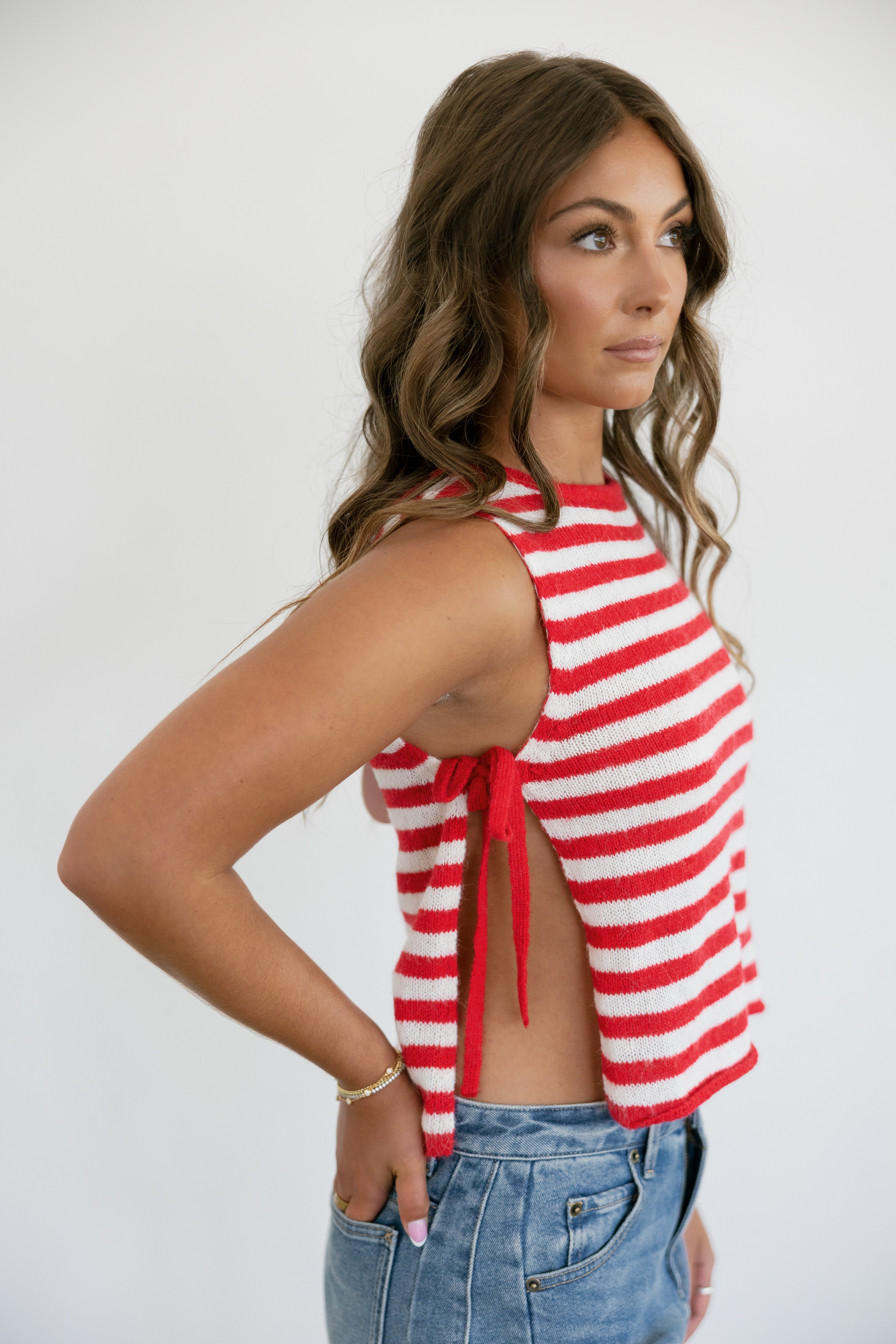 Ivy Sleeveless Boat Neck Side Tie Stripe Sweater Top- Red/White