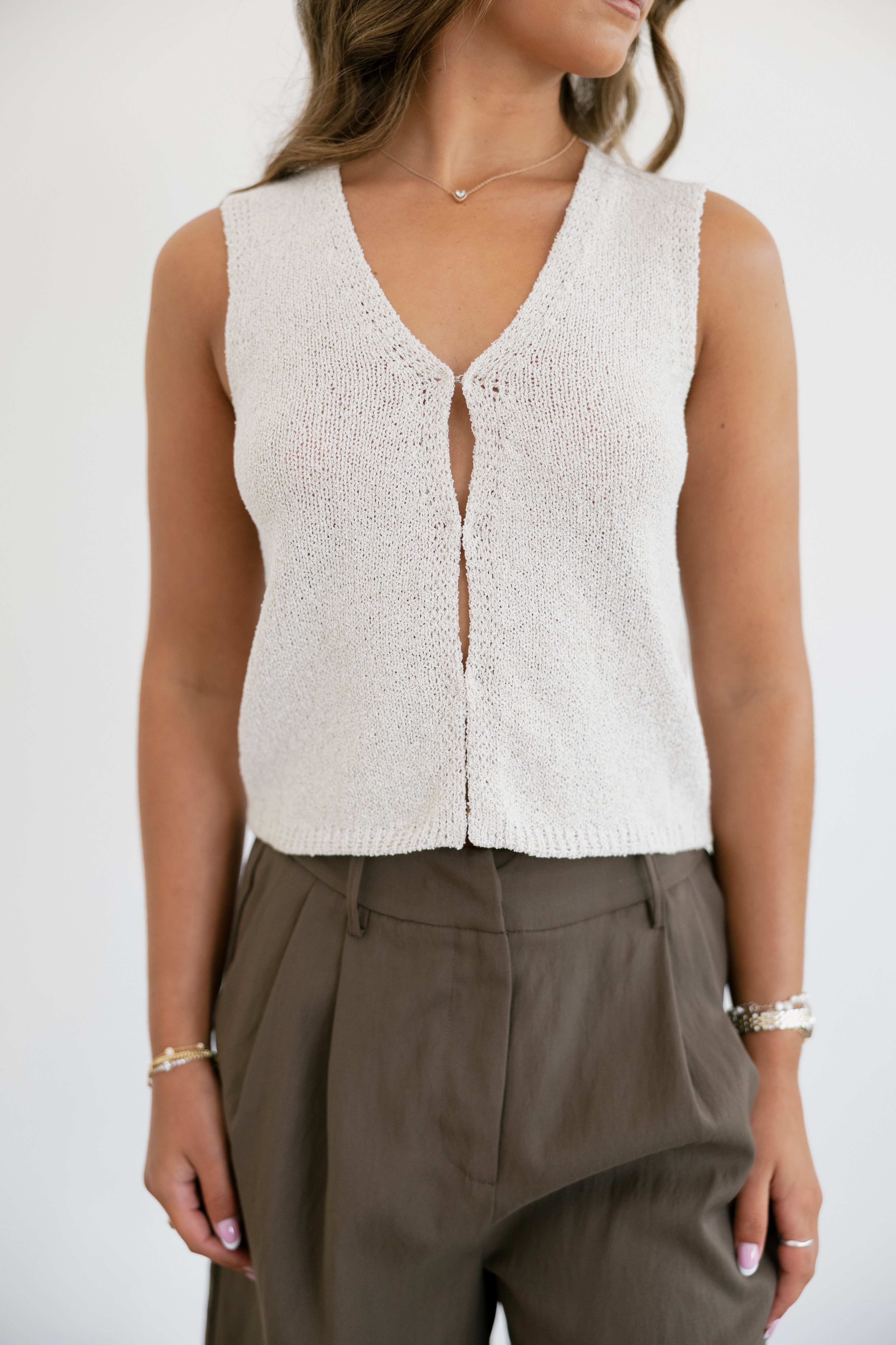Anna Hook & Eye Closer Vest Cardigan- Beige