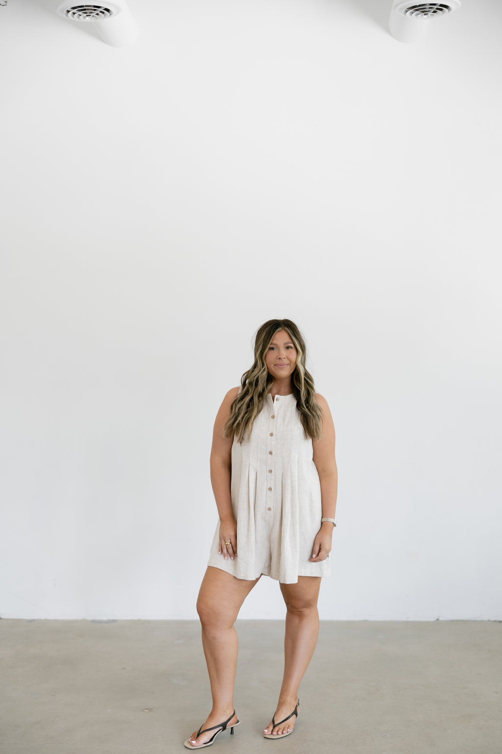Giselle Pleated Front w/ Button Closure Romper- Oatmeal