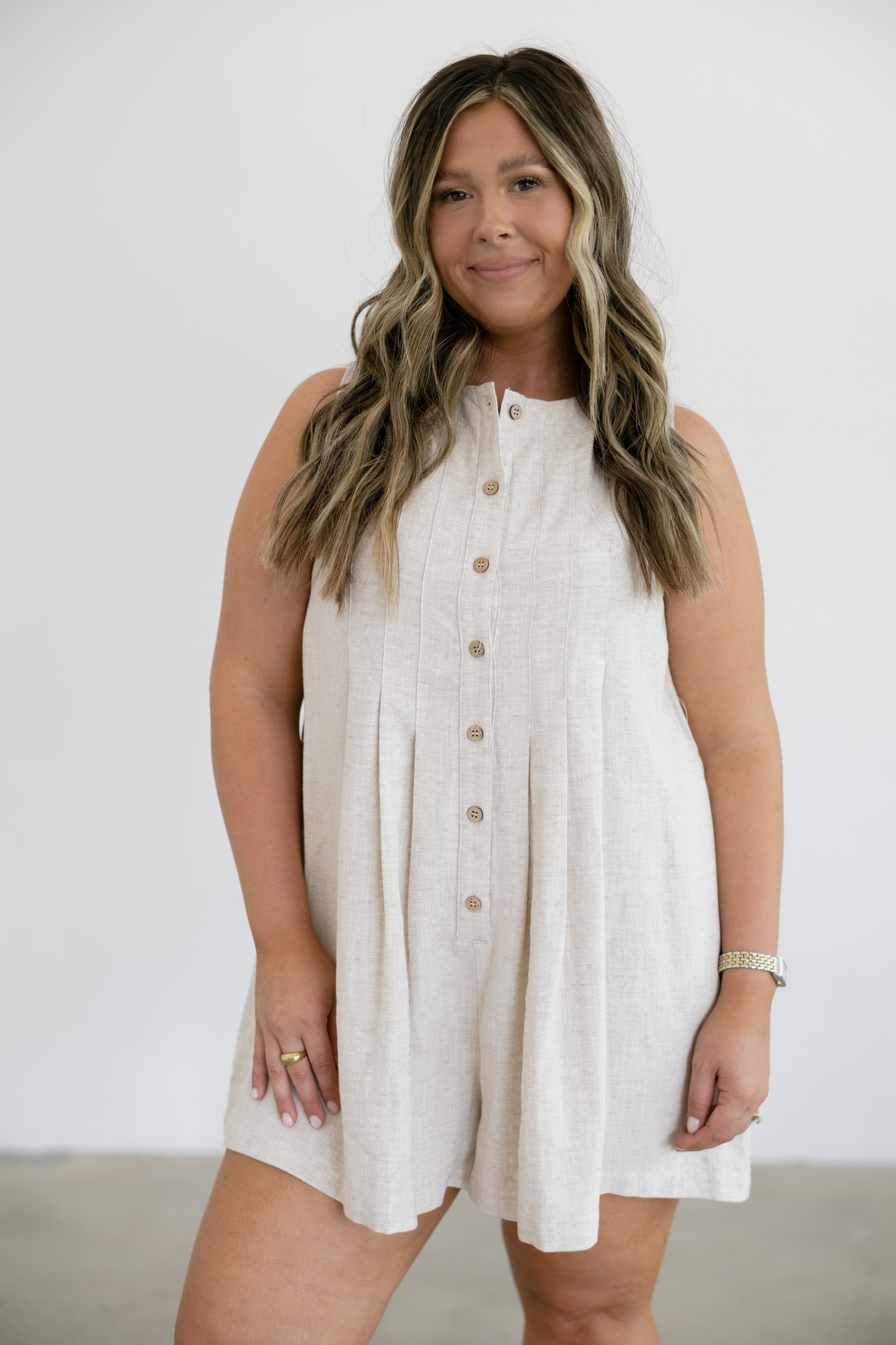 Giselle Pleated Front w/ Button Closure Romper- Oatmeal