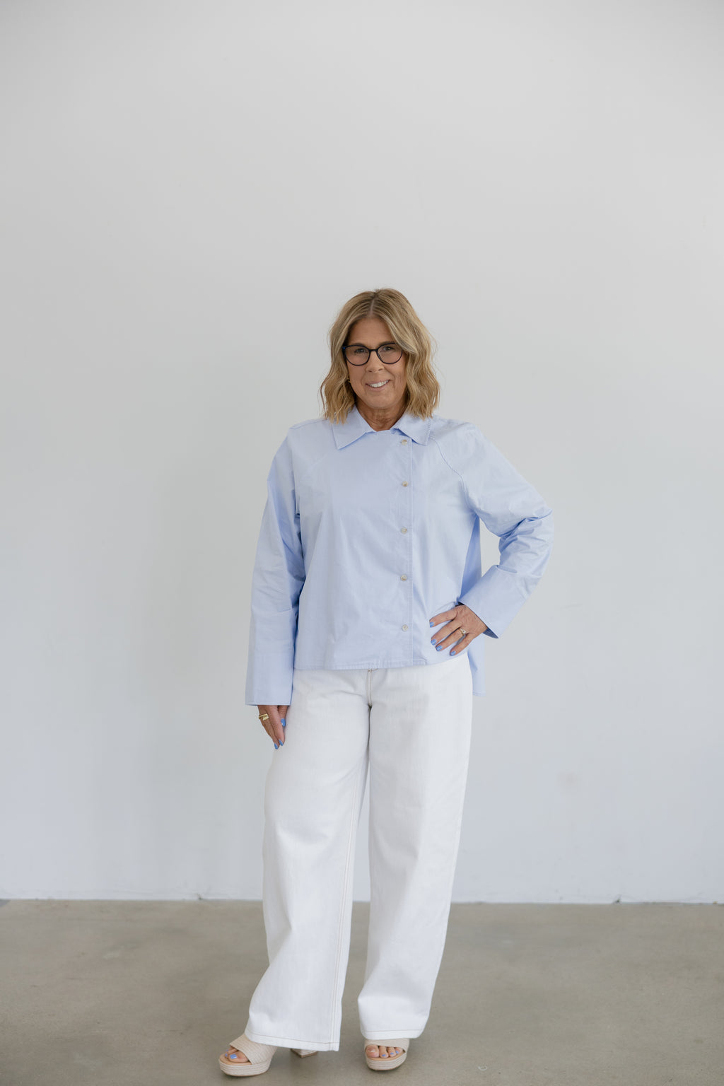 Addison Asymmetrical Long Sleeve Button Collared Shirt- Blue
