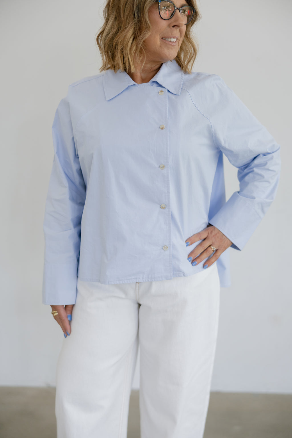 Addison Asymmetrical Long Sleeve Button Collared Shirt- Blue